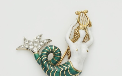 A French 18k gold platinum and enamel nereid brooch.