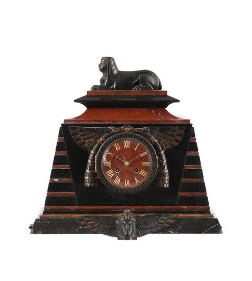 A French Egyptian revival bronze mounted marble mantel clock