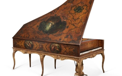 A French Régence Polychrome Painted Harpsichord Case, the nameboard signed FRANCOIS BLANCHET ME FECIT PARIS 1715, the Case Part Early 18th Century, on a Régence Style Carved Giltwood Stand, Late 19th Century