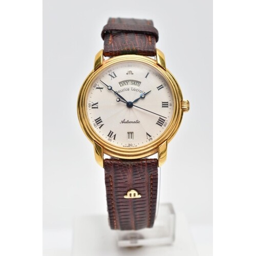 A GENTS AUTOMATIC MAURICE LACROIX WRISTWATCH, round champagn...
