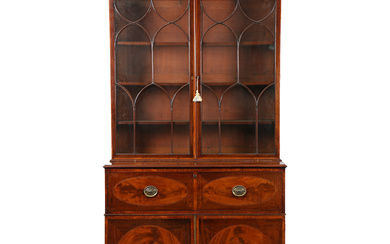A GEORGE III MAHOGANY AND SATINWOOD BANDED SECRETAIRE BOOKCASE.