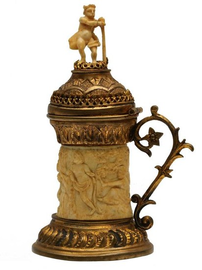 A GERMAN CARVED LIDDED GILT BRONZE CUP, 19TH C.