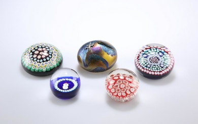 A GROUP OF FIVE GLASS PAPERWEIGHTS, including John