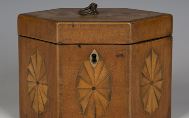 A George III satinwood hexagonal tea caddy with fan inlaid decoration, height 11cm, width 15cm, dept