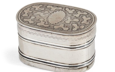 A George III silver nutmeg grater, Birmingham, c.1808, Joseph Willmore, one pull-off cap deficient, of oblong form with steel grater and reeded banding to body, the cap with engraved decoration, length 3.3cm, gross weight approx. 0.4oz