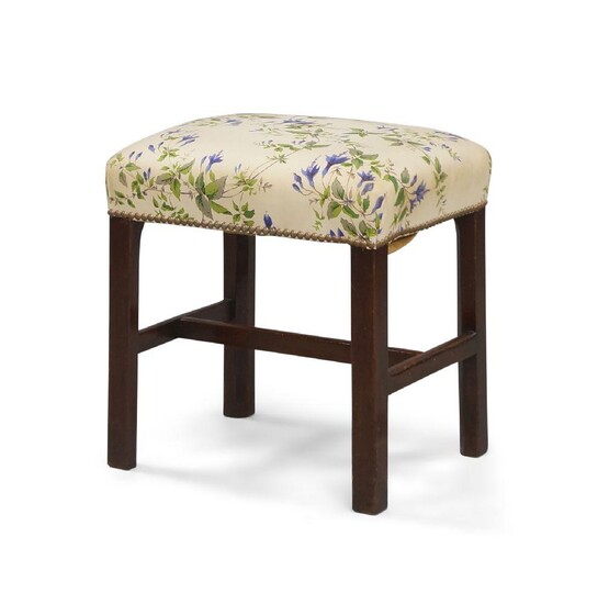 A George III small rectangular mahogany stool, circa 1770, with a stuffed seat, on square legs, joined by stretcher, 44cm high 43cm wide 35cm deep