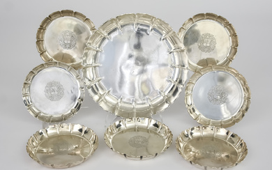 A George V Silver Circular Dish and Seven Similar Coasters,...