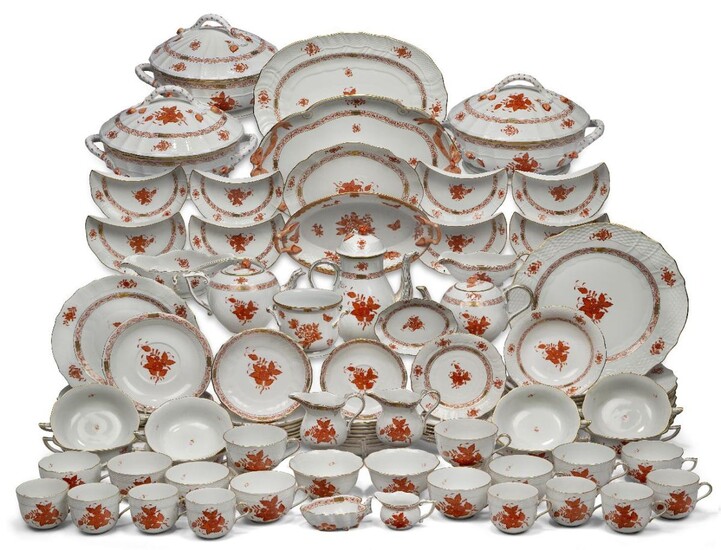 A Herend Apponyi (Chinese Bouquet) pattern hand painted porcelain part dinner and tea service, 20th century, blue-printed factory marks, various letters and numerals, gilt-heightened in orange-red, decorated with sprays of flowers, ozier borders...