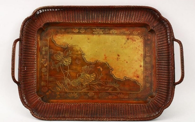 A JAPANESE 19TH / 20TH CENTURY WICKER & BRASS TRAY, the