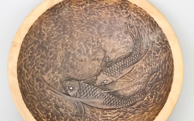 A Japanese Carved Hinoki Wood Dish, Meiji Period, carved...