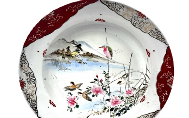 A Japanese Kutani Ware Dish Depicting Central Bird Enamels in Landscape Scene, Meiji Period