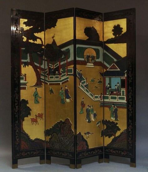 A Japanese four panel lacquer screen, 20th century, hand painted and carved incised design, each panel 183cm high x 41cm wide