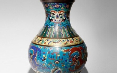 A LARGE CHINESE CLOISONNE 'DRAGON' HU-SHAPED VASE 19TH CENTURY Decorated...