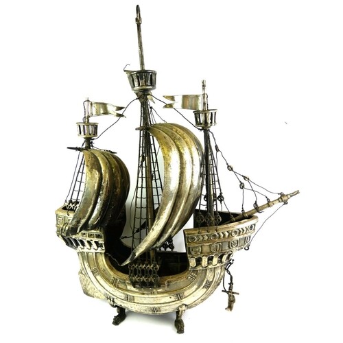 A LARGE SILVER PLATED 'NEF' GALLEON SHIP Having fluted decor...