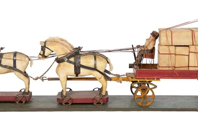 A LARGE VINTAGE WOODEN TOY HORSE DRAWN DRAY