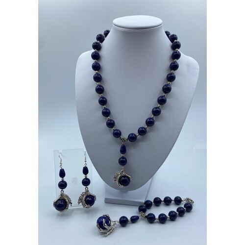 A Lapis Lazuli Necklace, Bracelet and Earrings Set Incorpora...