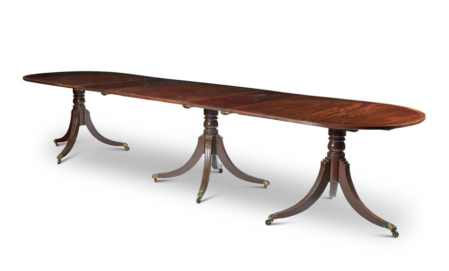 A MAHOGANY TRIPLE PEDESTAL DINING TABLE, EARLY 19TH CENTURY AND LATER