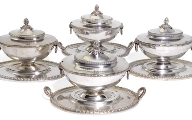 A MATCHED SET OF FOUR GEORGE III SILVER SAUCE TUREENS, COVER AND STANDS, ANDREW FOGELBERG, LONDON, 1771 & 1773