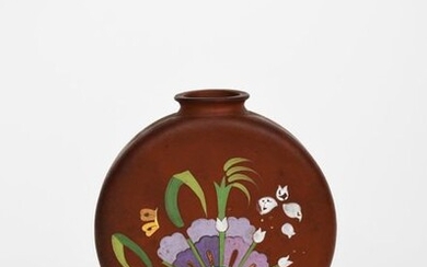 A Minton's pottery moonflask probably designed by Dr Christopher Dresser, flattened disc form on four square feet, printed and painted with a blue tit perched on grasses, the reverse with stylised flowers and foliage in colours, annotated in purple...