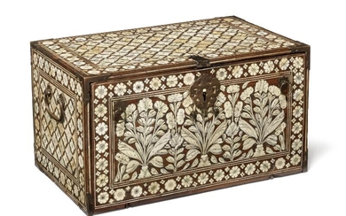 SOLD. A Mughal wooden cabinet with bone decoration of floral sprays and borders of stylised flowers. India 17th century. H. 26 cm. W. 46 cm. D. 28 cm. – Bruun Rasmussen Auctioneers of Fine Art