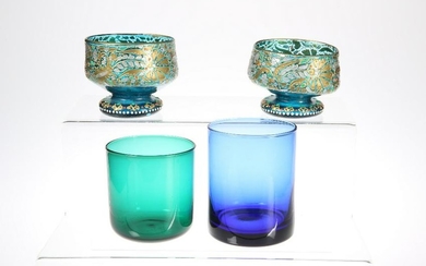 A NEAR PAIR OF ENAMEL PAINTED GREEN GLASS BOWLS, each
