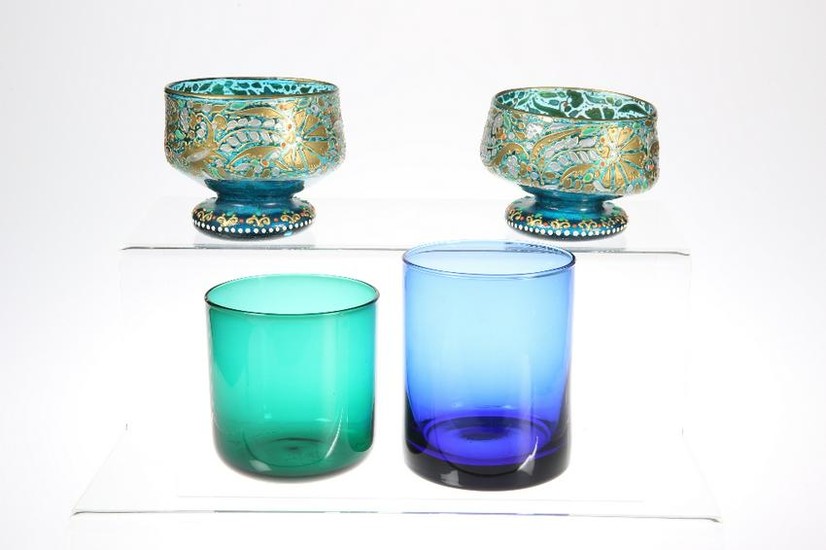 A NEAR PAIR OF ENAMEL PAINTED GREEN GLASS BOWLS, each