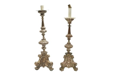 A NEAR PAIR OF ITALIAN BAROQUE STYLE SILVER PLATED ON COPPER LAMPS CONVERTED FROM CANDLESTICKS
