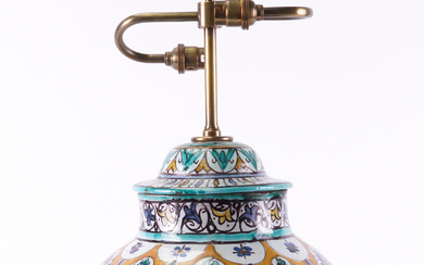 A NORTH AFRICAN POTTERY BALUSTER VASE LATER CONVERTED TO A TABLE LAMP