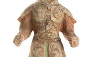 A PAINTED CERAMIC FUNERARY MODEL OF A SOLDIER China, Tang...