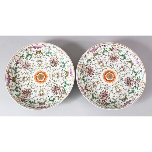 A PAIR OF CHINESE FAMILLE ROSE PORCELAIN DISHES, painted wit...