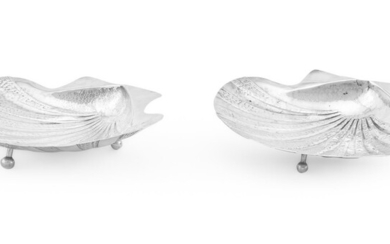 A PAIR OF COLOMBIAN SILVER COLOURED SHELL DISHES, STAMPED T.R.P