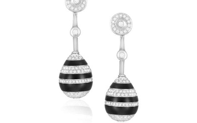 A PAIR OF DIAMOND AND ONYX EARRINGS