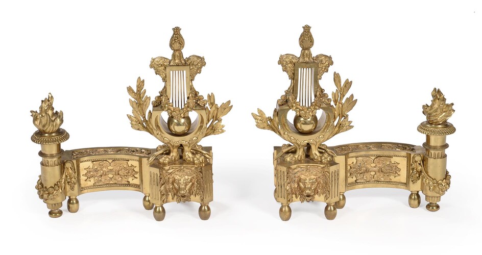 A PAIR OF FRENCH ORMOLU CHENETS, IN LOUIS XVI STYLE, LATE 19TH CENTURY
