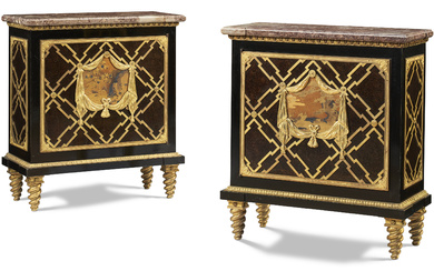 A PAIR OF FRENCH ORMOLU-MOUNTED EBONIZED AND JAPANESE LACQUER-INSET SIDE...