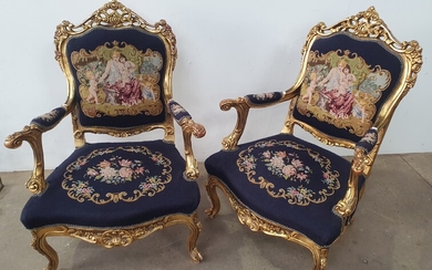 A PAIR OF GILT FRENCH STYLE PARLOUR CHAIRS