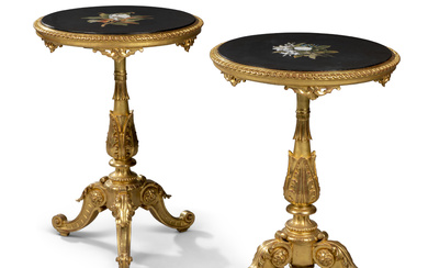 A PAIR OF ITALIAN PIETRE DURE AND GILTWOOD OCCASIONAL TABLES THE PIETRE DURE IN THE MANNER OF ENRICO BOSI, FLORENCE, THE BASES FRENCH, SECOND HALF 19TH CENTURY