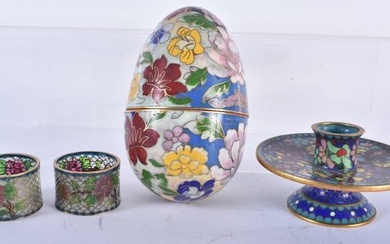 A PAIR OF LATE 19TH CENTURY CHINESE PLIQUE A JOUR NAPKIN RINGS together with an egg box & candle sti