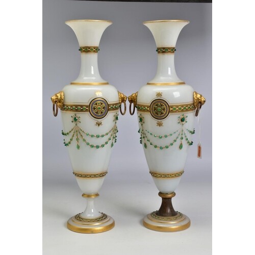 A PAIR OF LATE 19TH CENTURY OPAQUE WHITE GLASS, GILT AND GRE...