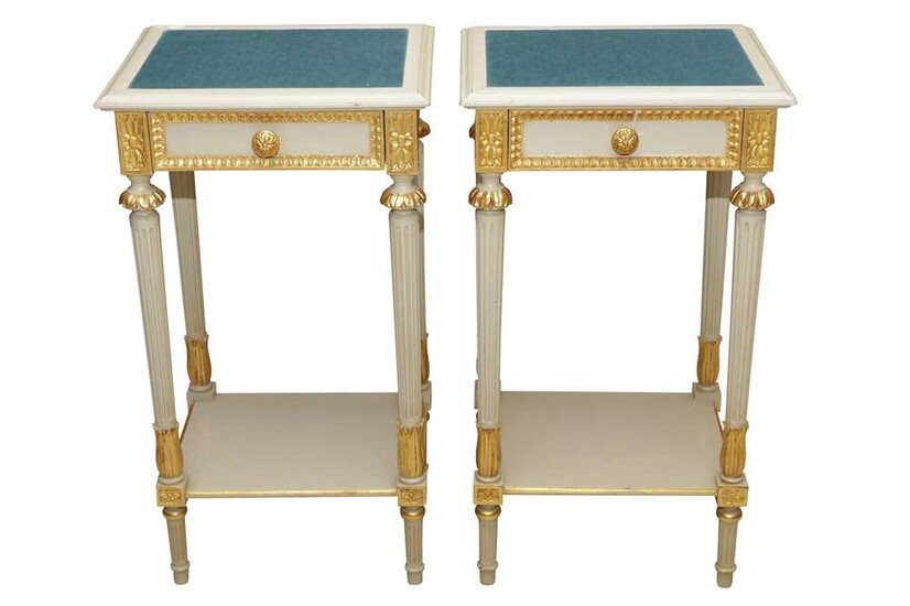 A PAIR OF PAINTED AND PARCEL GILT LOUIS XVI STYLE BEDSIDE TABLES, CIRCA 1970