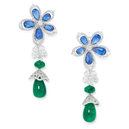 A PAIR OF SAPPHIRE, DIAMOND AND EMERALD DROP EARRINGS