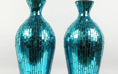 A PAIR OF STAINED GLASS STYLE TURQUOISE GLASS VASES.