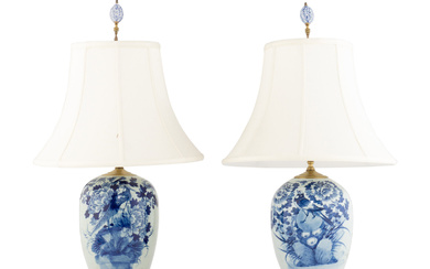 A Pair of Blue and White Porcelain Jars Mounted as Lamps