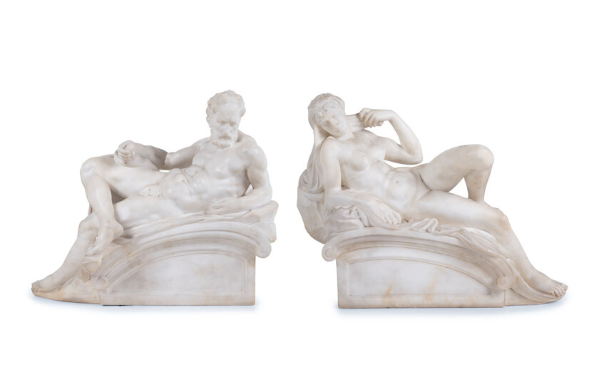 A Pair of Carved Alabaster Figures of Dusk and Dawn, After Michelangelo from The Tomb of Lorenzo de Medici