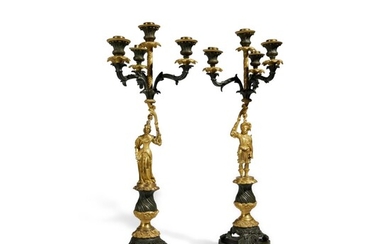 A Pair of Charles X Three-Light Gilt and Patinated Bronze Candelabra