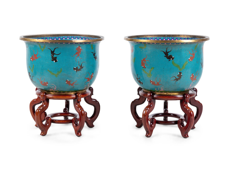 A Pair of Chinese Cloisonné Fish Bowls and Stands