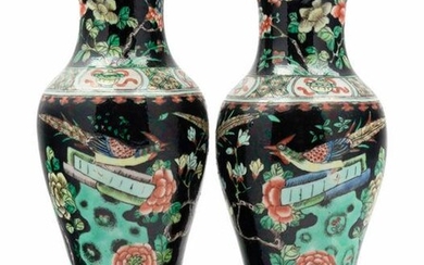 A Pair of Chinese Famille Noire Porcelain Yenyen Vases