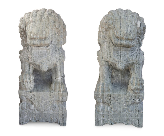 A Pair of Large Chinese Carved Green Marble Fu-Lions