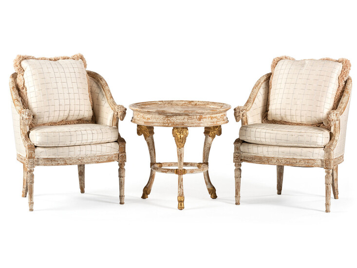 A Pair of Louis XVI-Style Carved and Painted Bergeres and Center Table