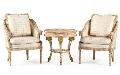 A Pair of Louis XVI-Style Carved and Painted Bergeres