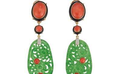 A Pair of Onyx, Agate, Coral, Diamond and Gold Earrings